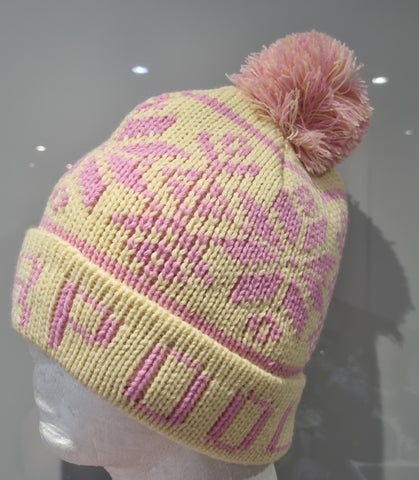 Liverpool Fairisle Cream and Pink Bobble Hat