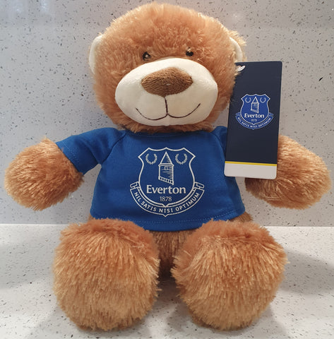 Everton FC Official Brown Teddy wearing a Blue T Shirt with Club Crest